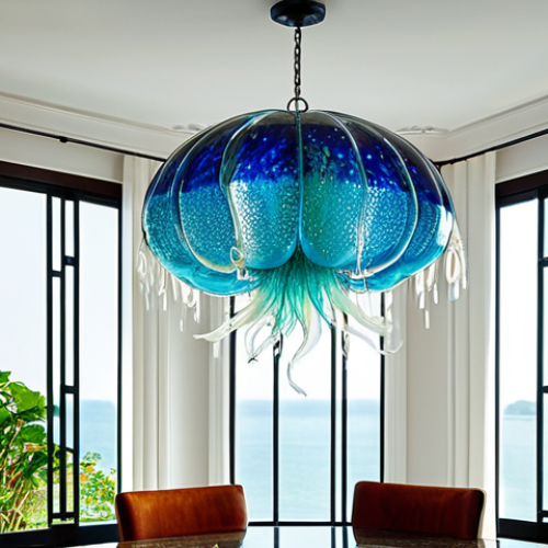 A stunning, custom-made glass chandelier, handcrafted in Vietnam. The chandelier features intricate, colorful glass elements depicting vibrant marine life, such as delicate jellyfish, swaying seaweed, and small, dynamic fish, all meticulously hand-blown. It hangs gracefully in the center of a contemporary, tastefully decorated living room within a Vietnamese home, with soft natural light filtering through large windows, creating a cozy and artistic ambiance. Professional photography, high quality, highly detailed, perfect anatomy, correct proportions, natural pose, well-formed hands, proper finger count, natural body proportions, safe for work, appropriate content, fully clothed, professional.